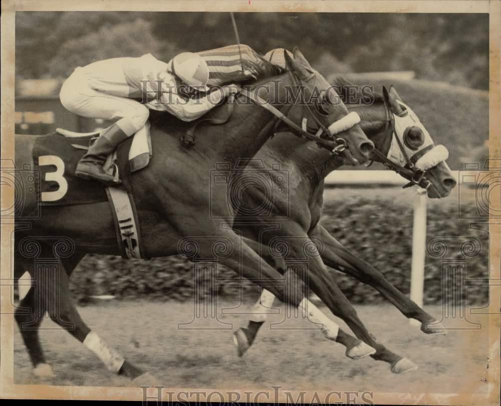 Press Photo Jockeys Compete in Horse Race at Saratoga Race Track - tus07564