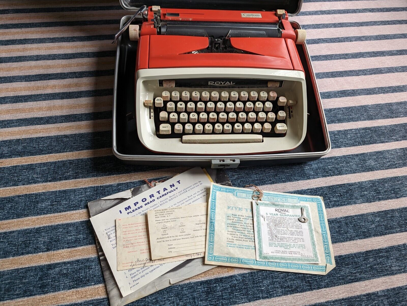 1960's Royal Custom Manual Typewriter w/Case Red Mad Men