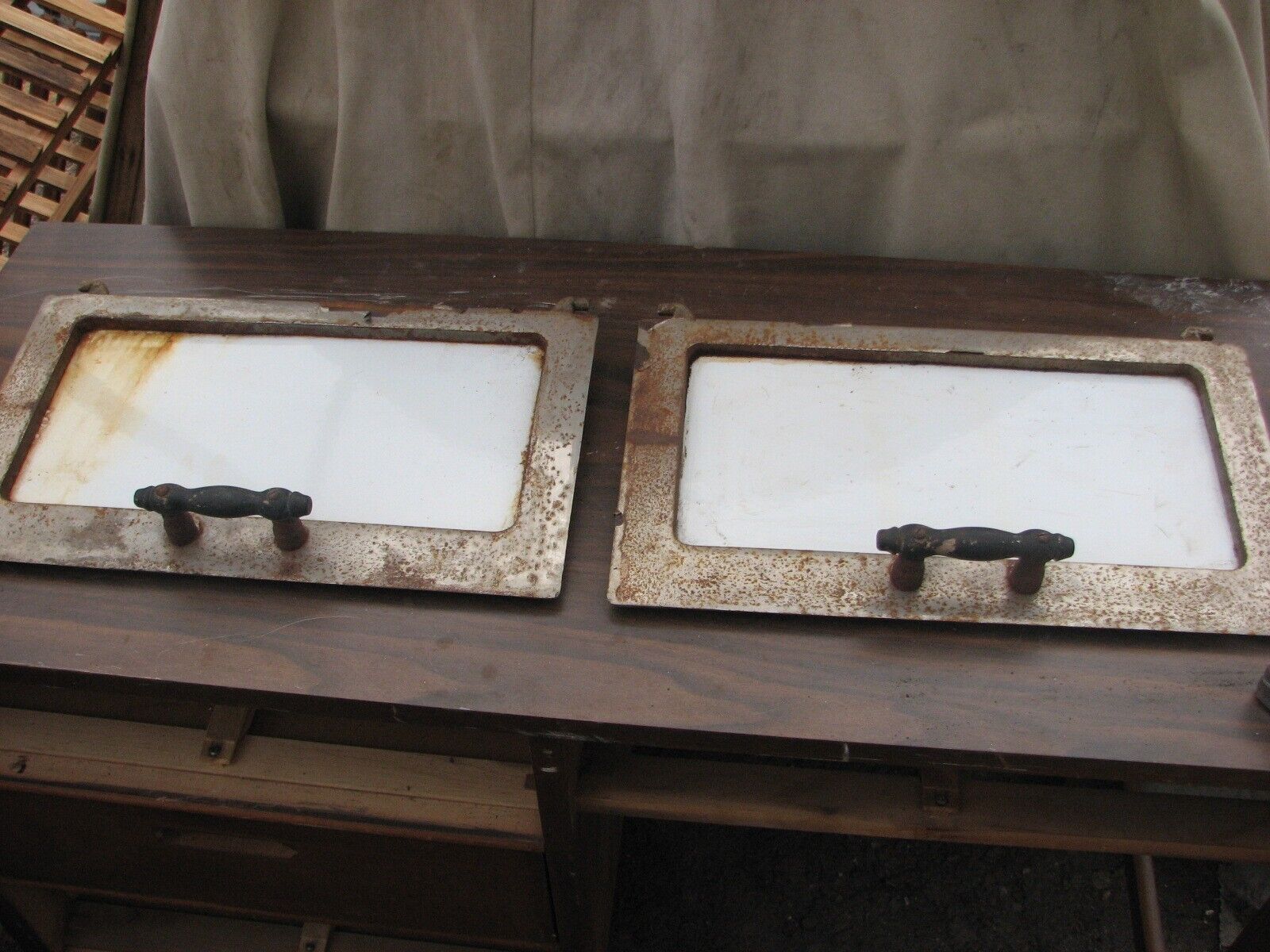 Pair of Peninsular Vintage Cast Iron Wood Cook Stove Warming Doors
