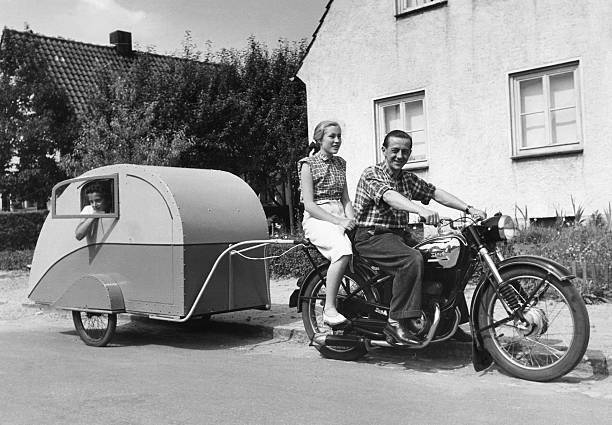 Motorcycle company \'Maico\' small camper trailer as trailer- 1953 Old Photo