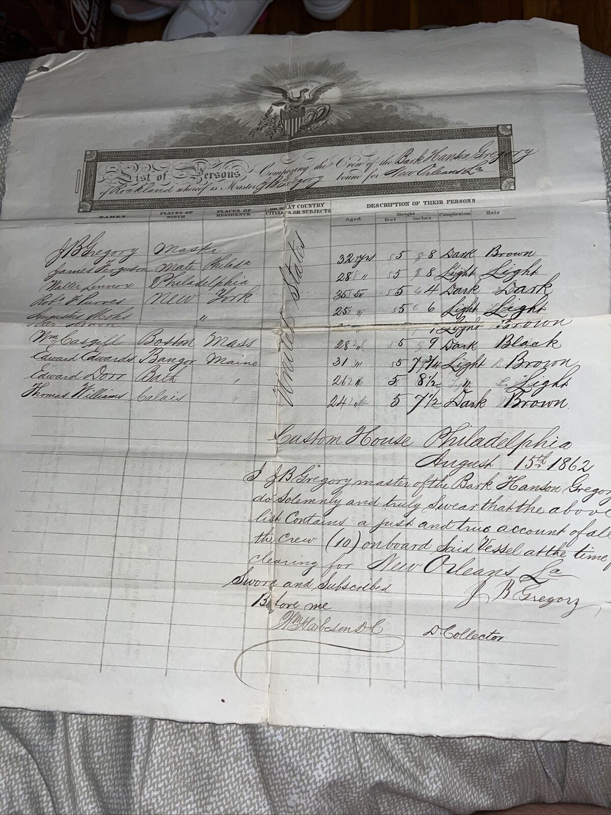 1862 Civil War Era Crew List: Bark Hanson Gregory of Rockland ME to New Orleans