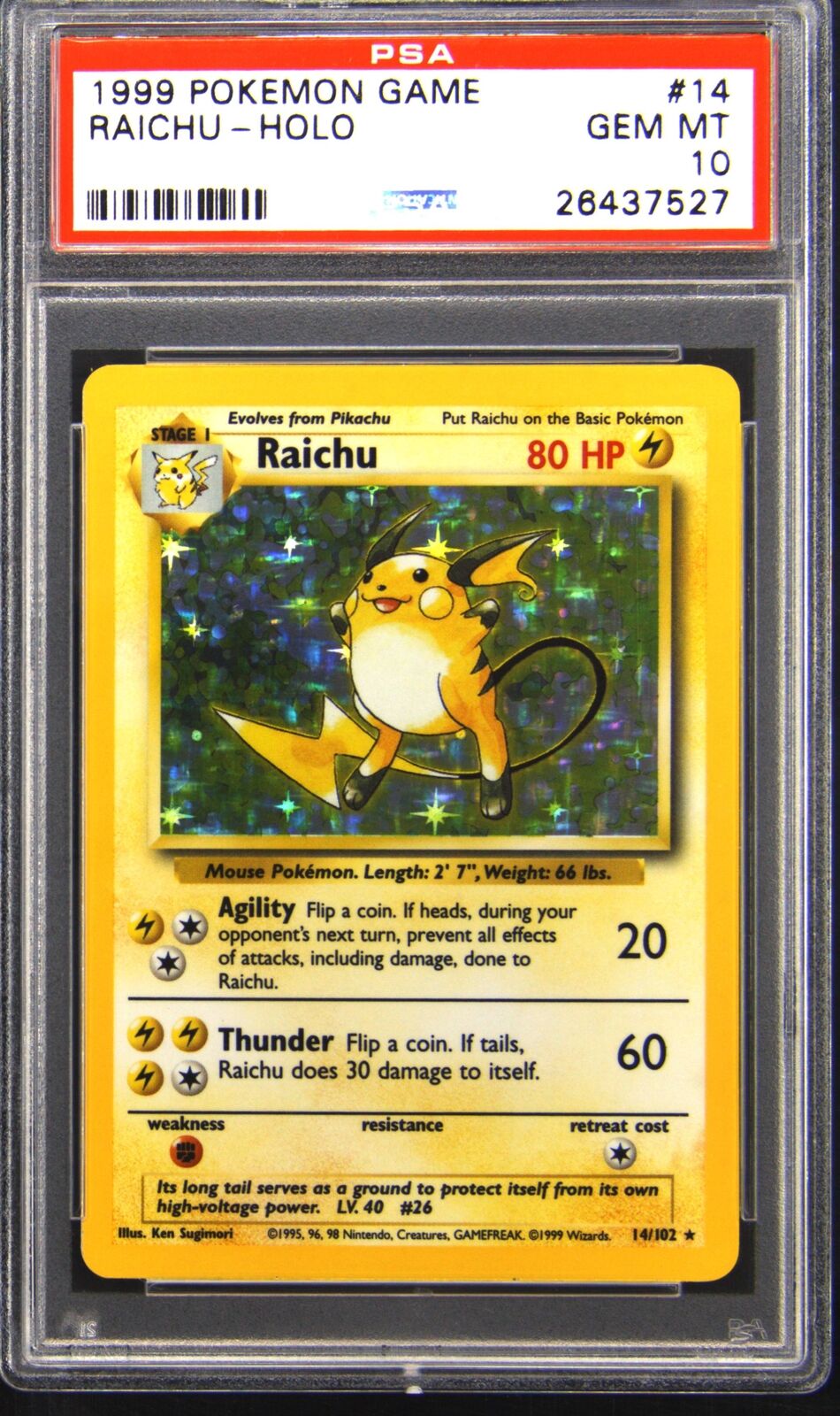 1999 Pokemon Base Set 14 Raichu Holo Rare Pokemon TCG Card PSA 10 Gem Mint