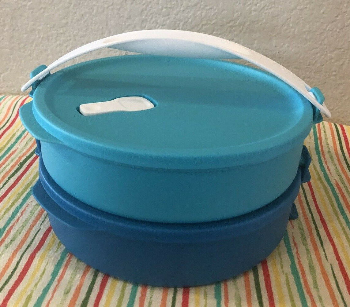 Tupperware Lunch Containers w/ Handle Set of Two 3 Cups Each Teal Aqua New 
