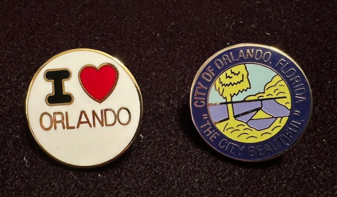 I Heart Orlando And Orlando The City Beautiful Enamel Florida Pins, Lot Of 2