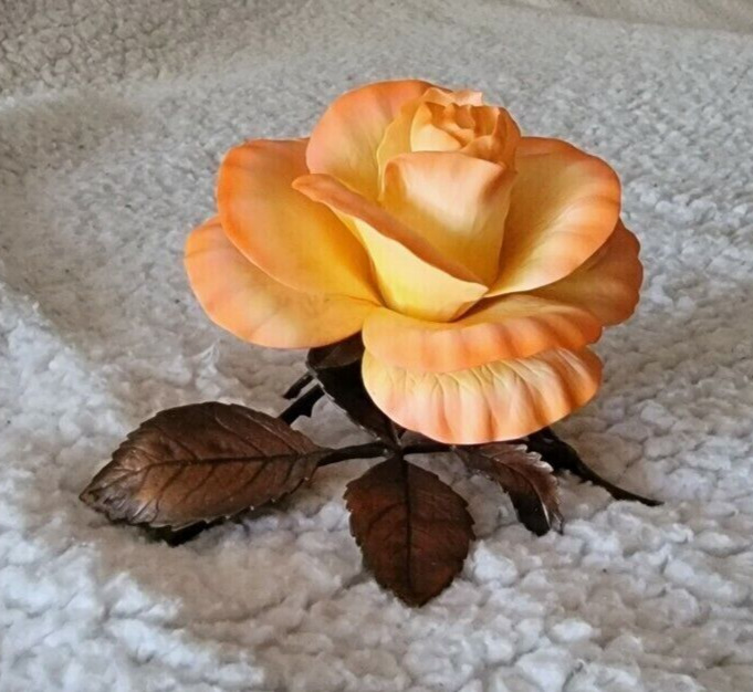 Vintage BOEHM peach Rose with Brass Stem and Leaves 5\