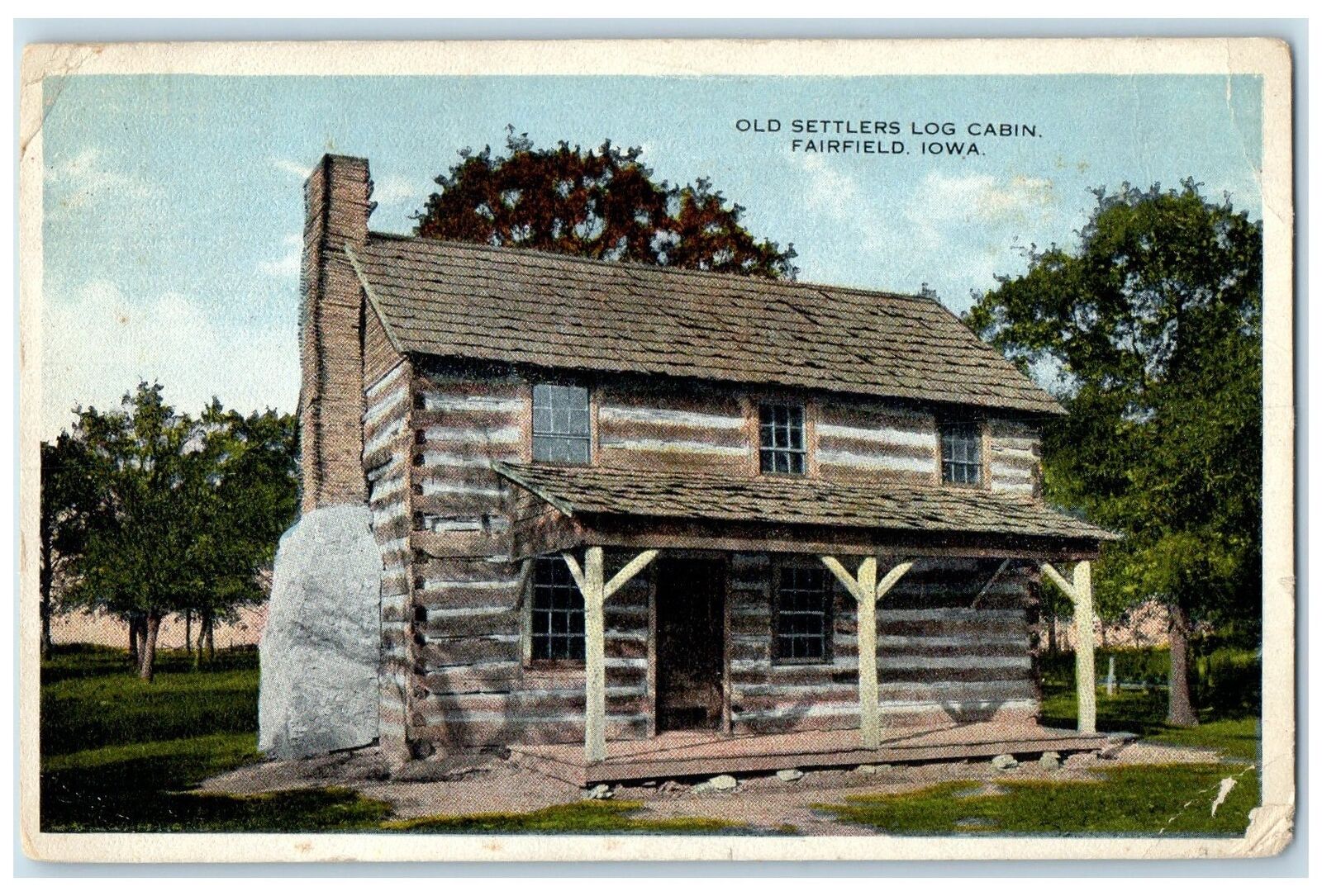 1916 Old Settlers Log Cabin Exterior Fairfield Iowa IA Posted Trees Postcard