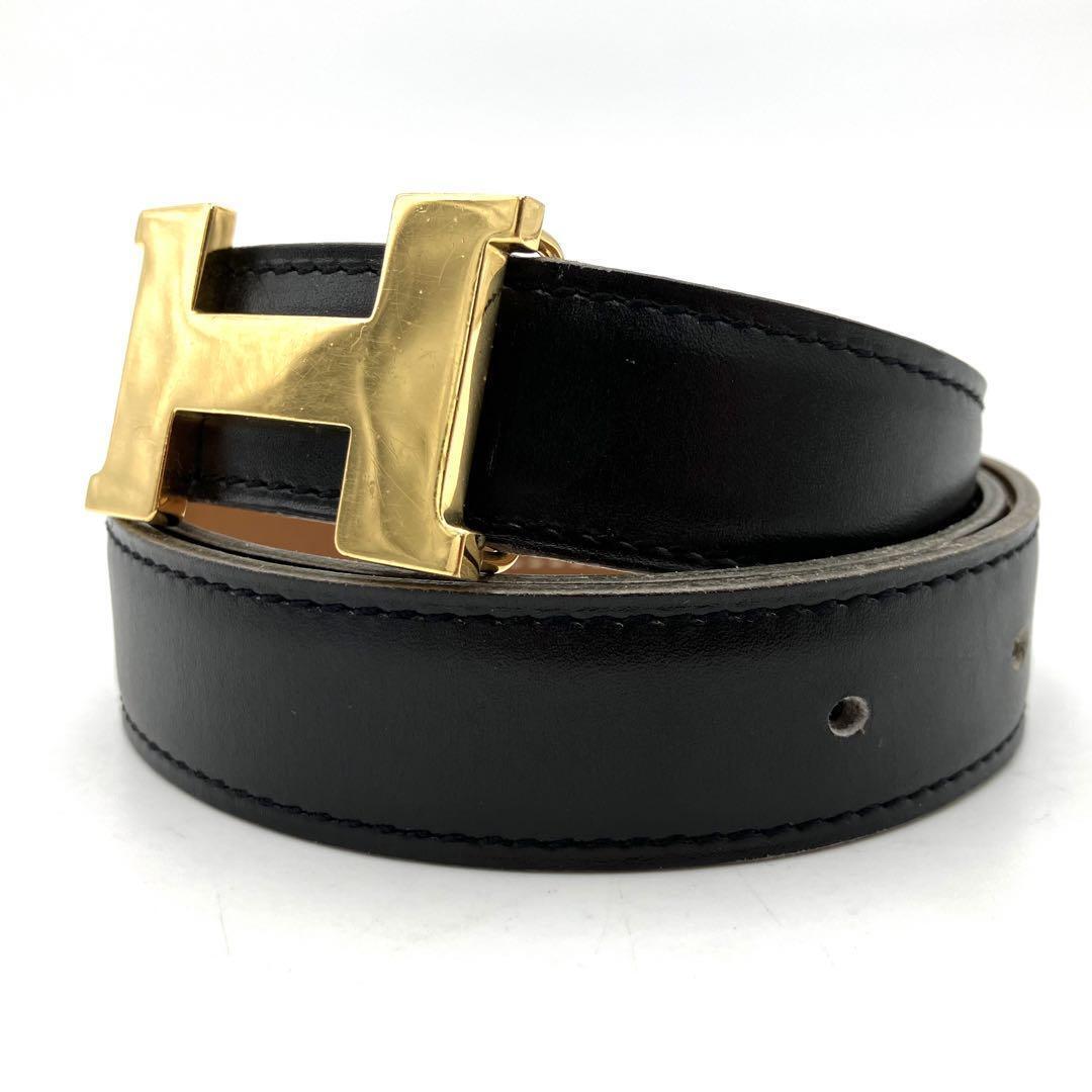 HERMES Constance Z Engraved Reversible H Logo Leather Black Belt - Luxurious Go