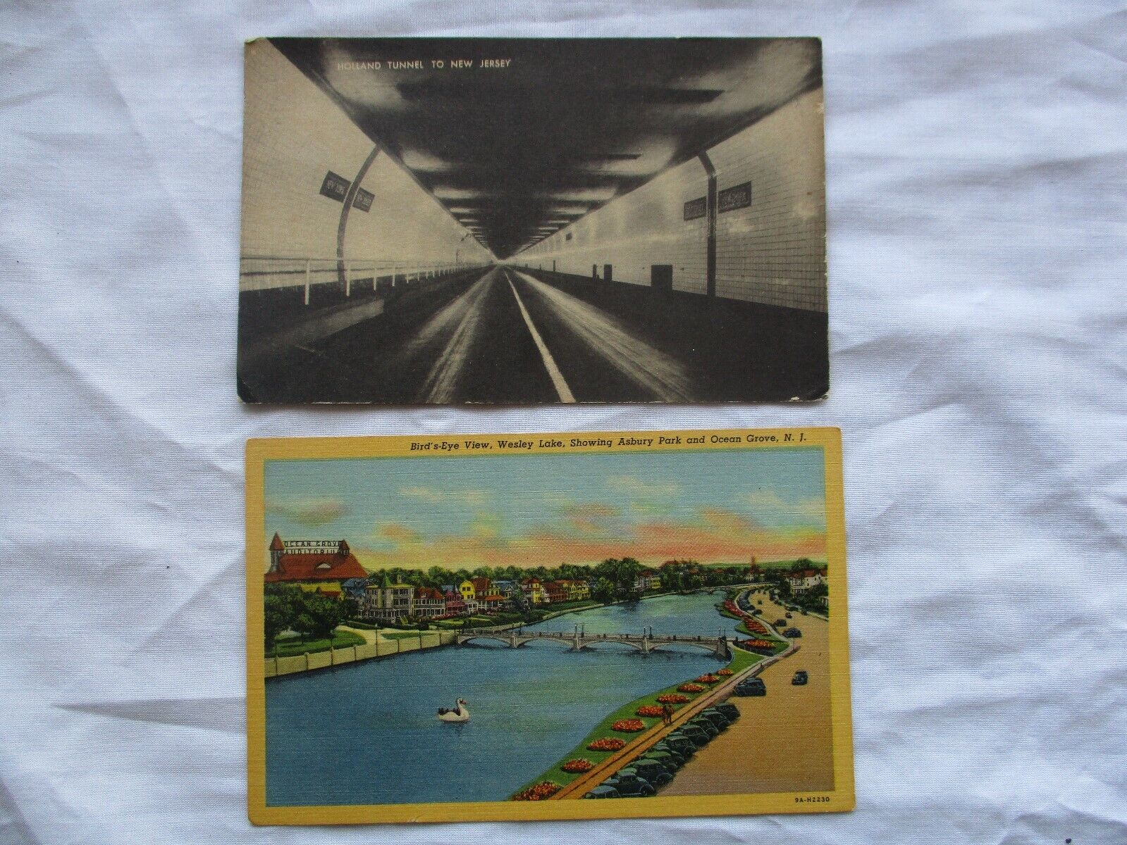 2 Postcards linen Bird\'s Eye View Wesley Lake + B & W Holland Tunnel *RPPC