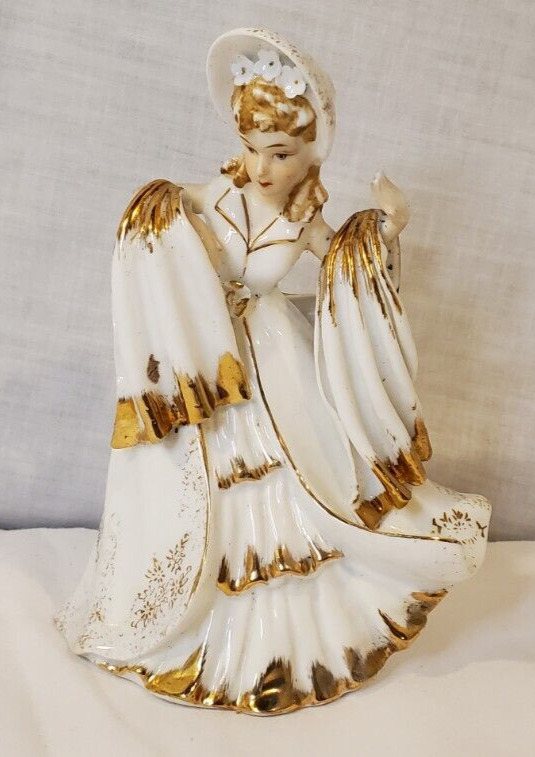 Vintage Lefton China Victorian Lady Figure White/Gold Dress KW461