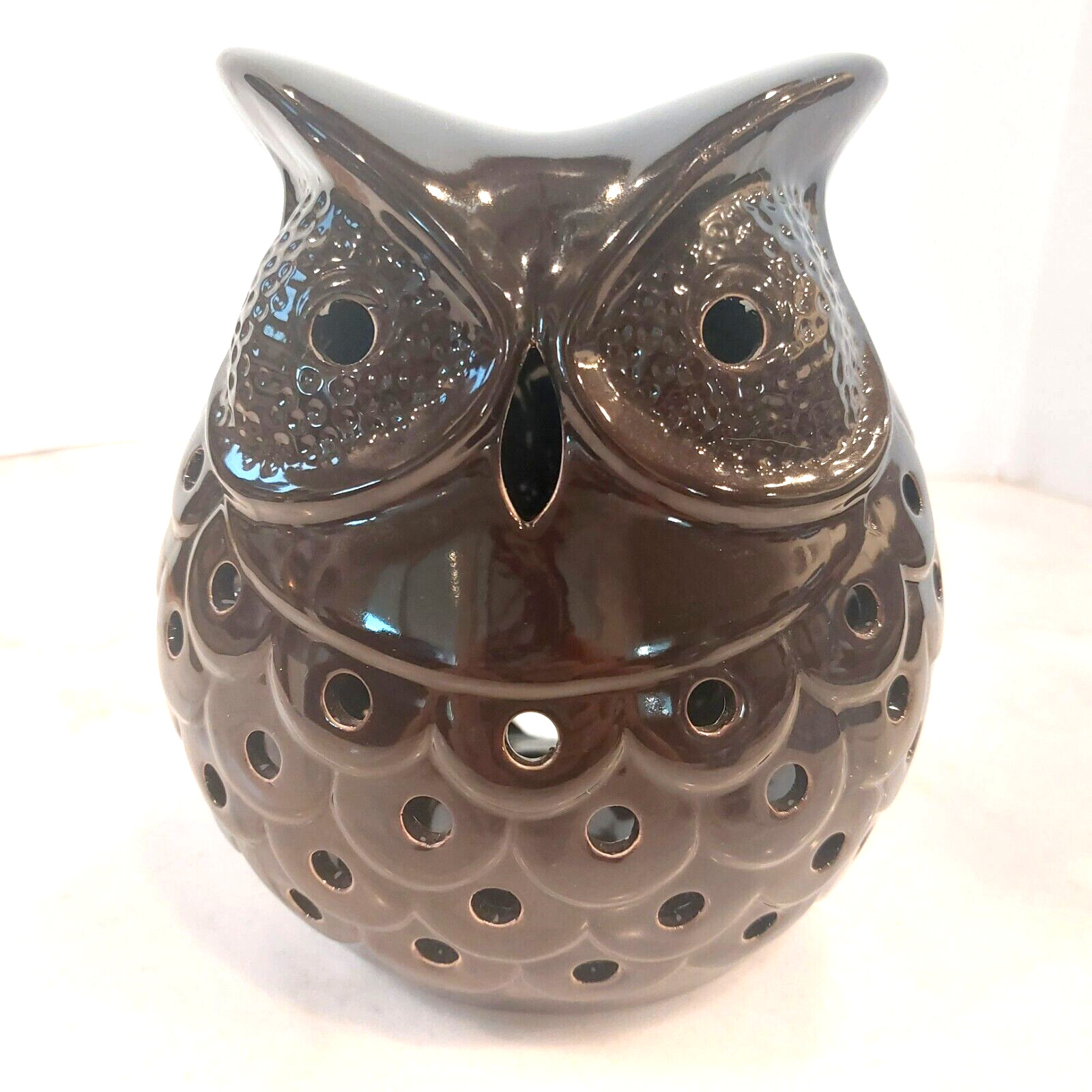 Brown Glazed Ceramic Detailed Carved Big Eyed Owl Candle Holder 8\
