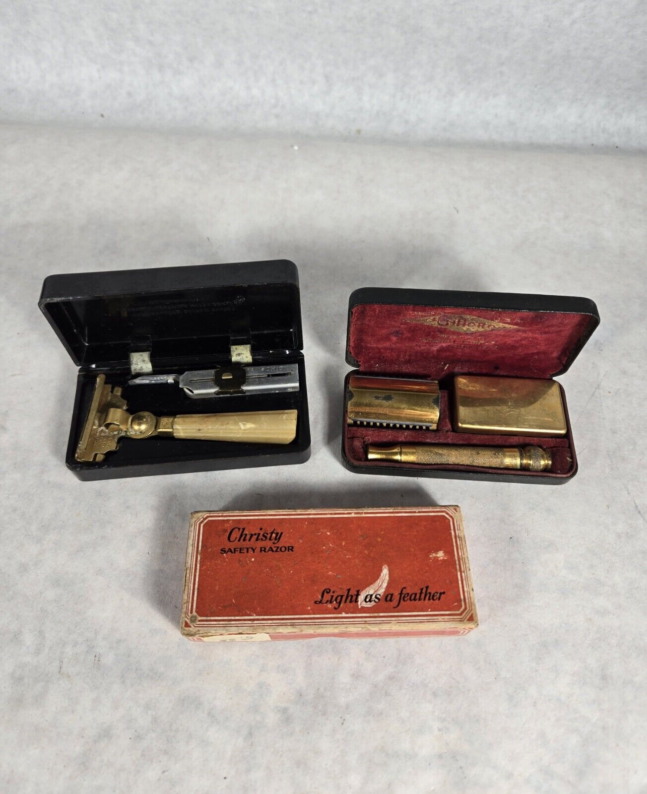 Antique Vintage Razors Lot of 3 Gillette W/Blades - Shick Injector - Christy