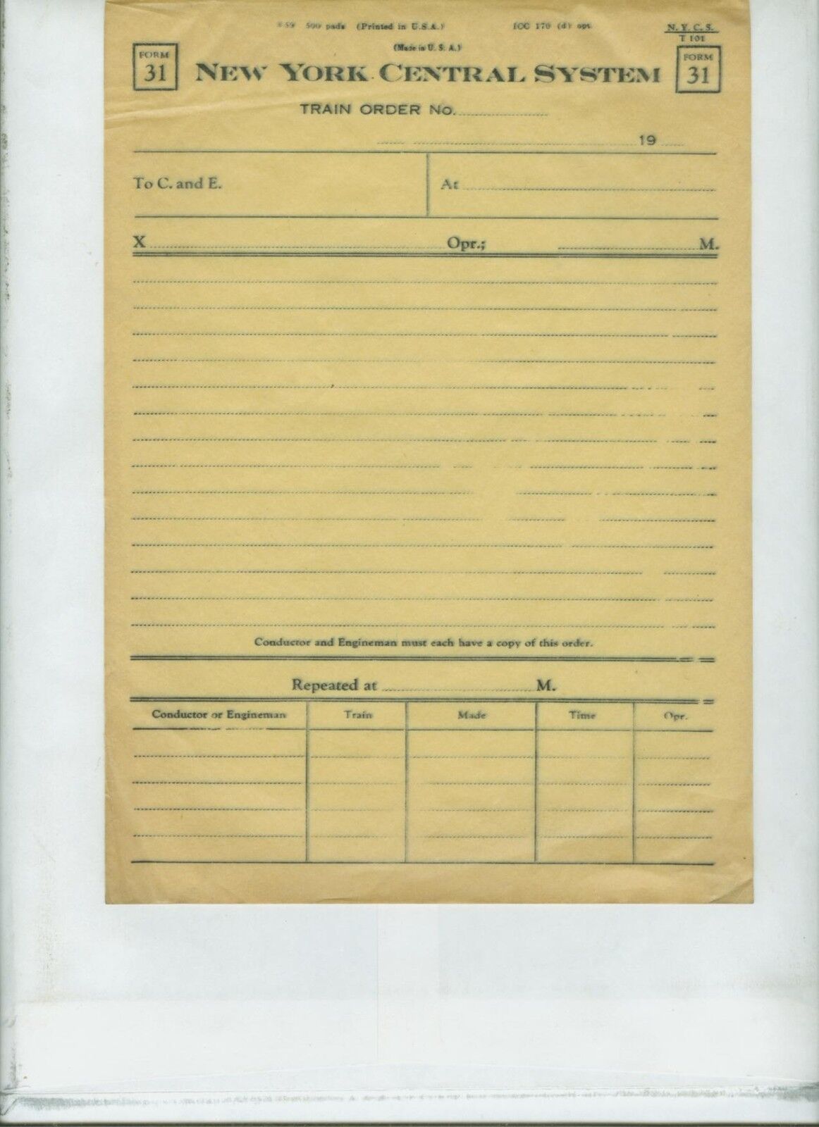 NEW YORK CENTRAL SYSTEM BLANK FORM 31 TRAIN ORDERS  (8)  CIRCA 1959.