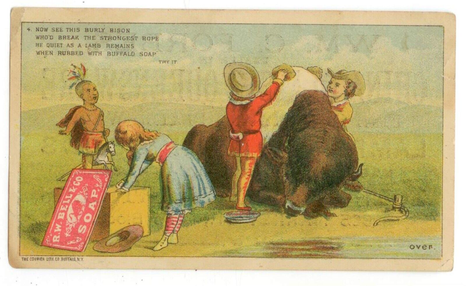 c1880s R W Bell Buffalo Soap trade card - washing a buffalo - Steubenville, Ohio