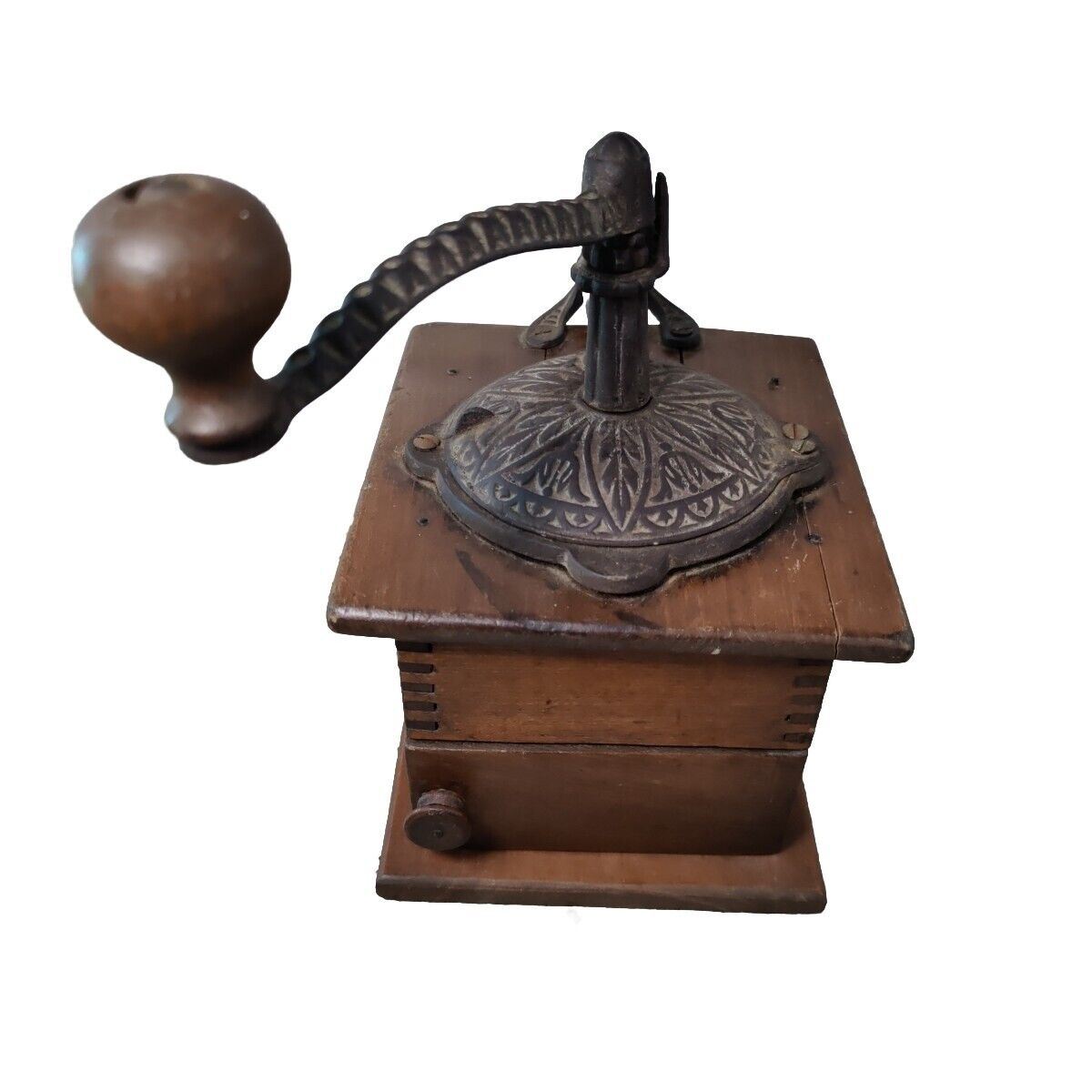 Antique Coffee Grinder Cast Iron & Dovetail Wood Box Ornate Hand Grinder