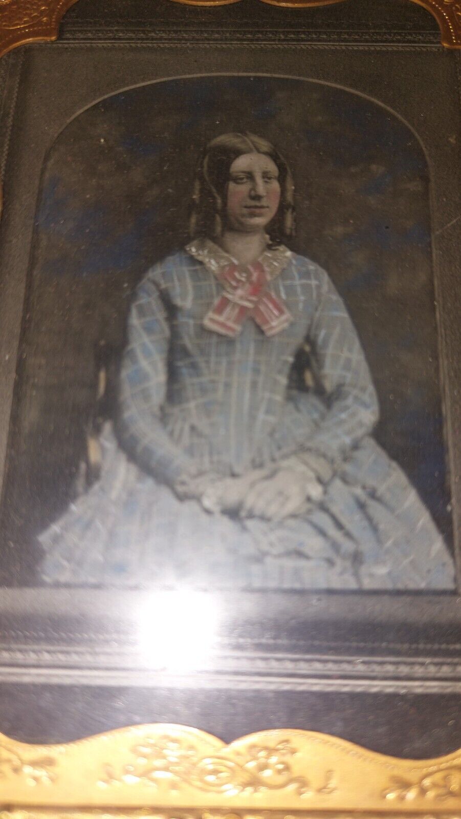 1850s 1/4 glass plate Hand Colored Ambrotype Beautiful lady blue dress tinted