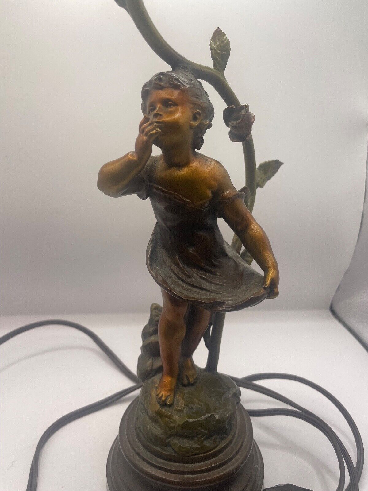 Antique French Bronze Wash Figural Lamp little girl ,roses  AS IS 15 inch tall