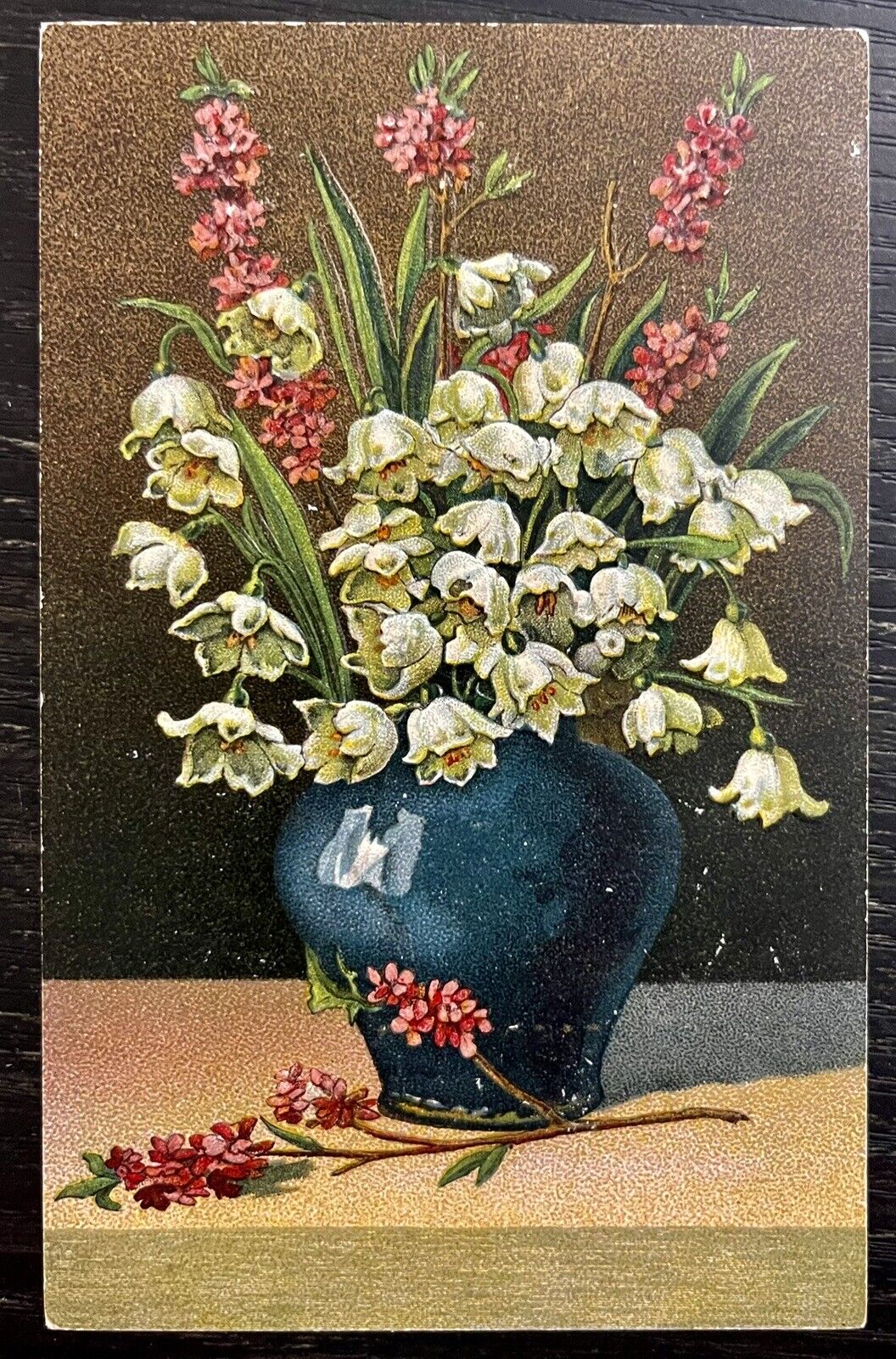 c1910’s Victorian Flower Postcard, Lily of the Valley in Blue Vase, Painting
