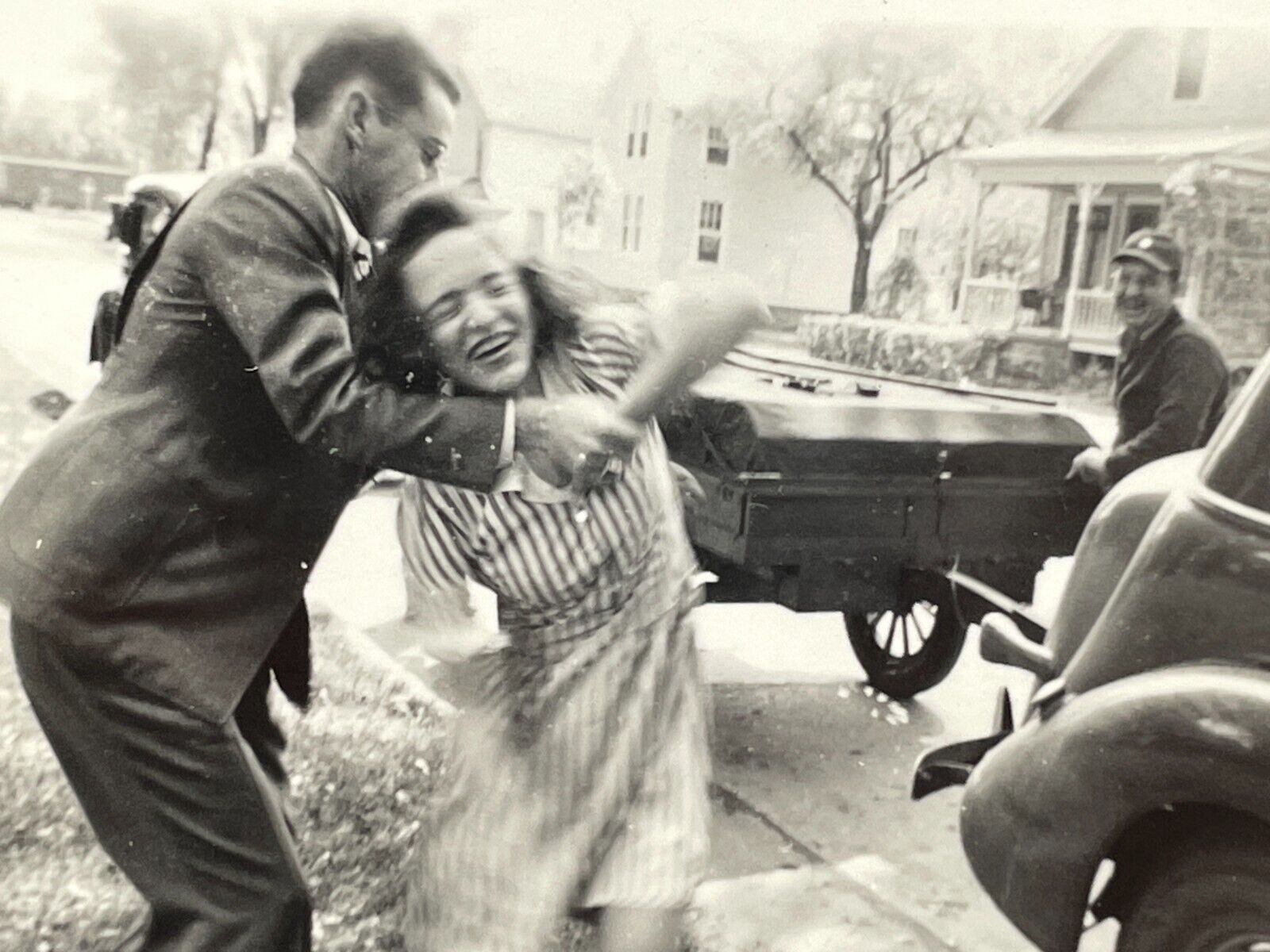 VH Photograph Man Grabbing Wrestling Woman Laughing Playing 1940's Old Car