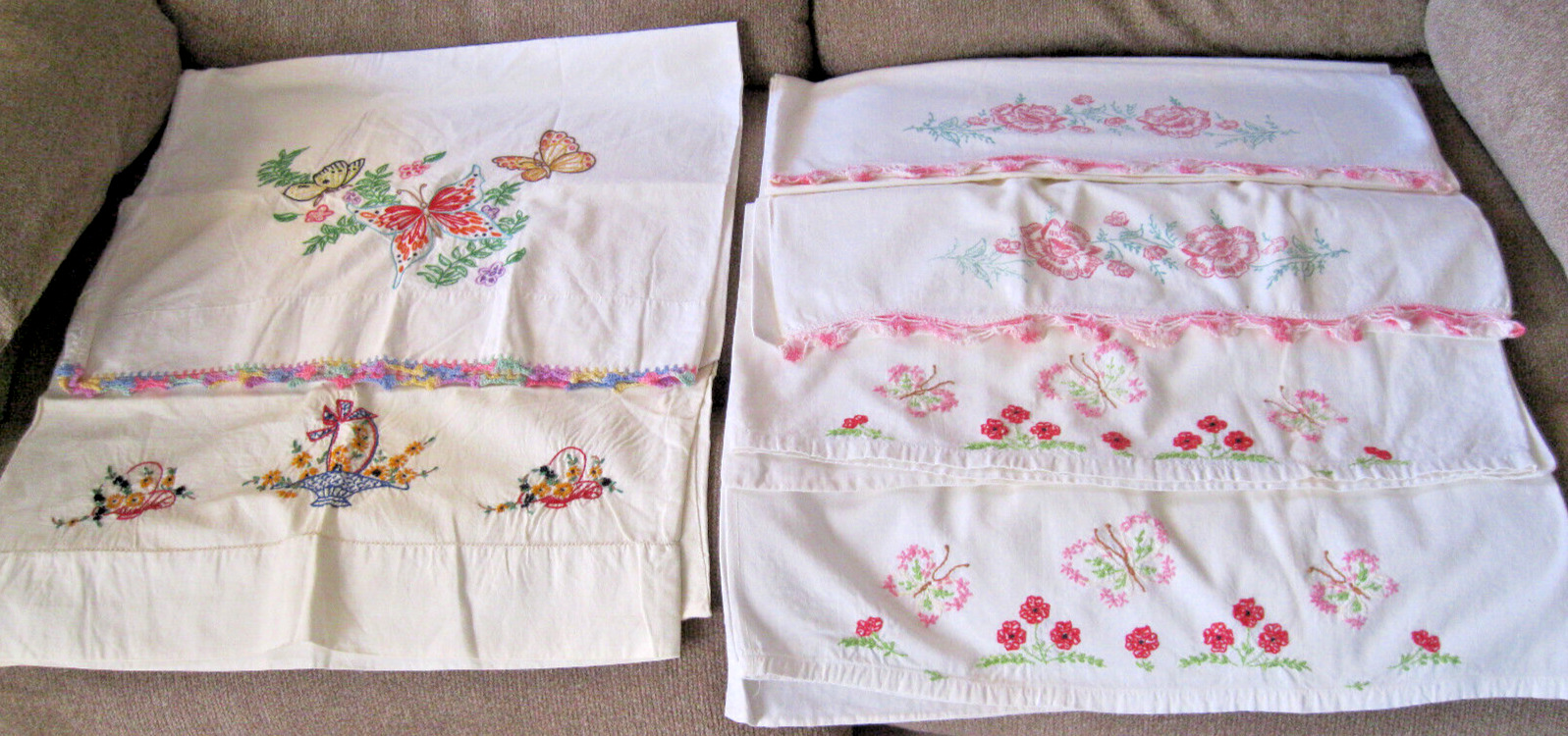 Lot 2 Pair and 2 Singles Hand Embroidered Vintage Pillowcases Hand Crocheted