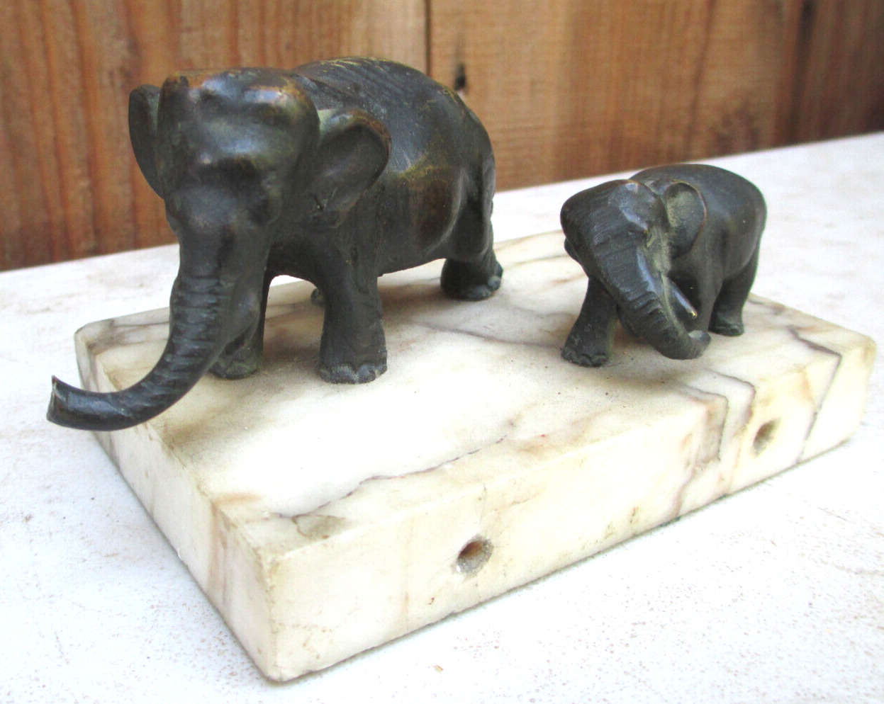 RARE ANTIQUE BRONZE Wild Animal Sanctuary Souvenir 2 ELEPHANT STATUES on Marble