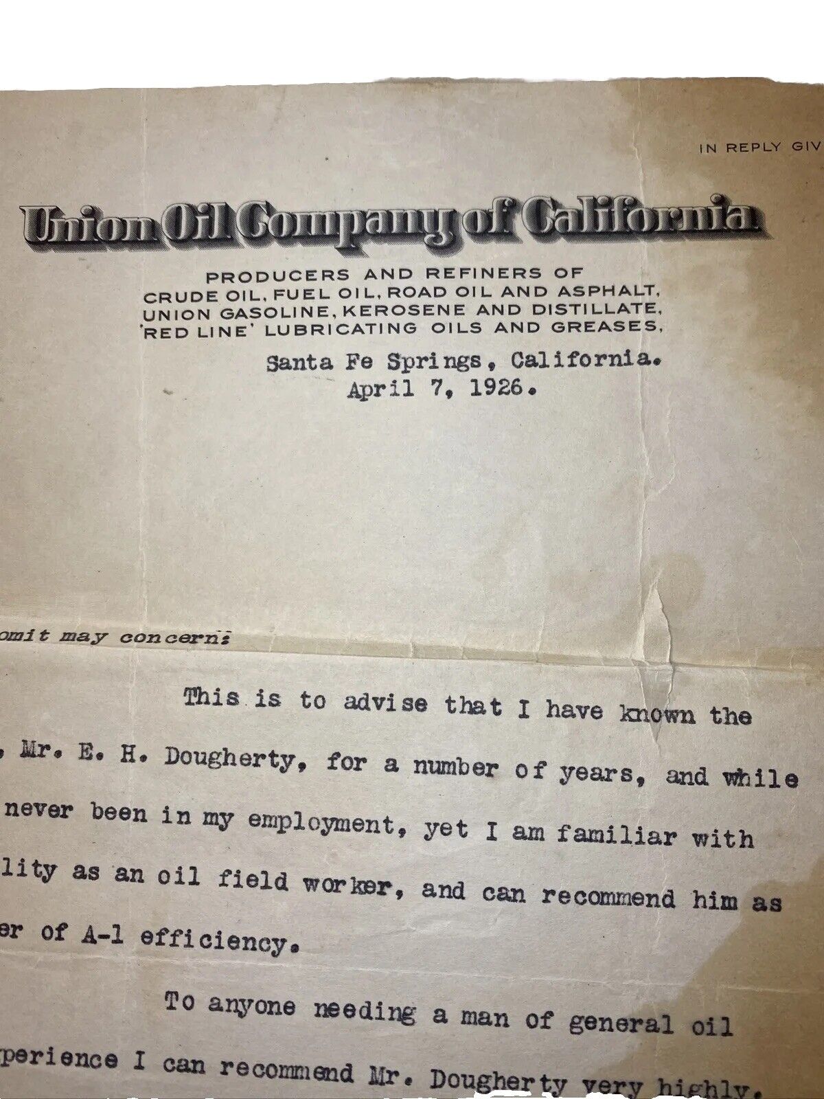 Vintage Union Oil Company of California letterhead 1926.  Early MB3