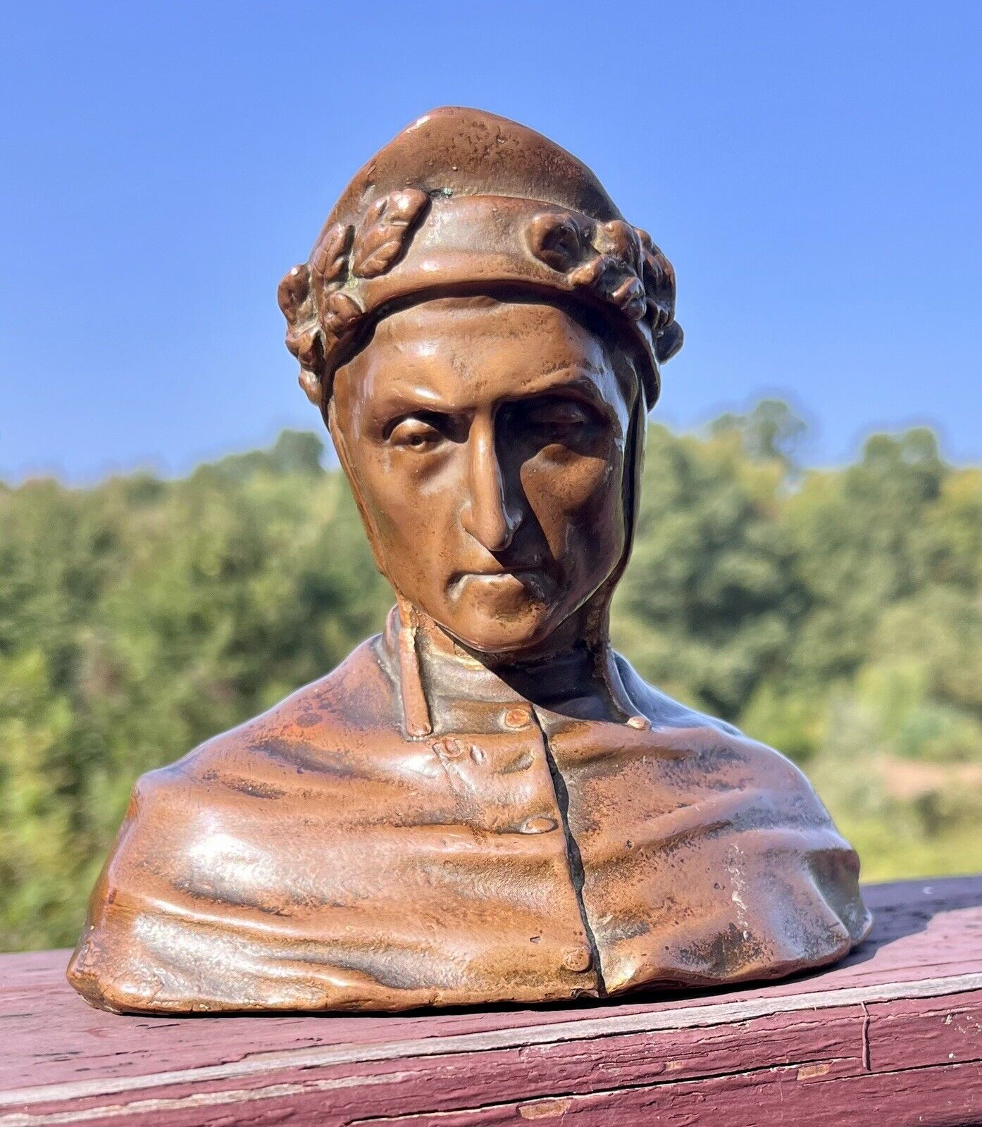 Antique Cast Bronze Large Bust Dante Alighieri Statue Early 20th Century Marked