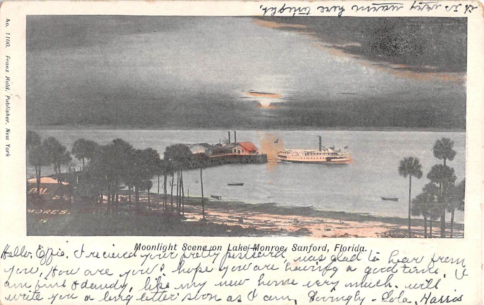 1907 Bird\'s Eye Moonlight View Steamer at Pier Lake Monroe Sanford FL post card