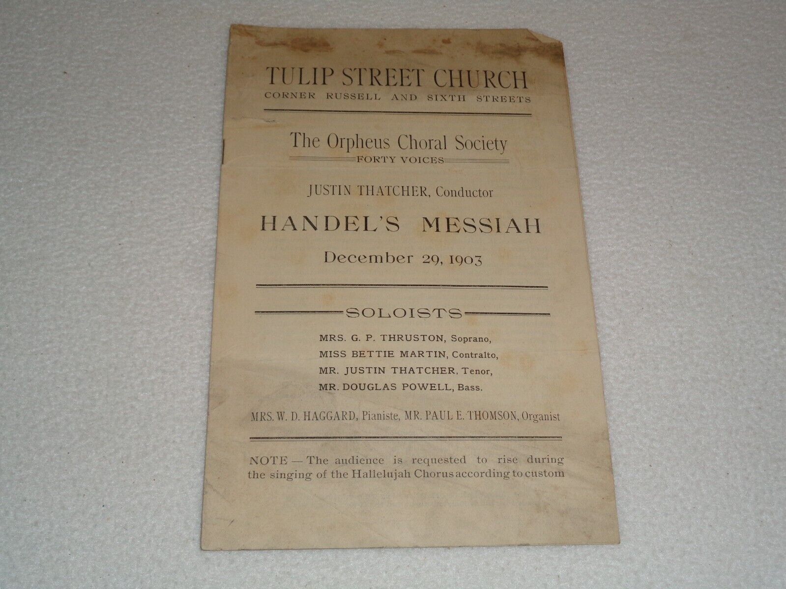 1903 Tulip Street Church Nashville Handel\'s Messiah Orpheus Choral Rare Program