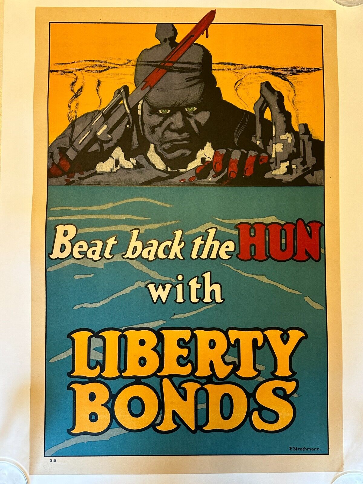1918 ORIG 20 x 30 WWI War Poster Beat Back Hun Liberty Bonds Linen Mounted  BOLD