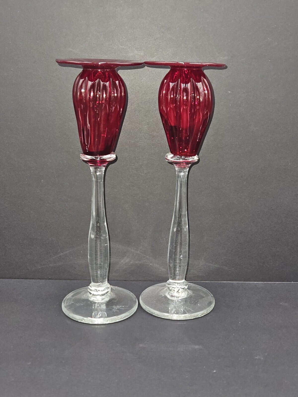 Pair Of  Vintage Red Blown Glass  Candle Holders, Signed, Orange  Glow  9\