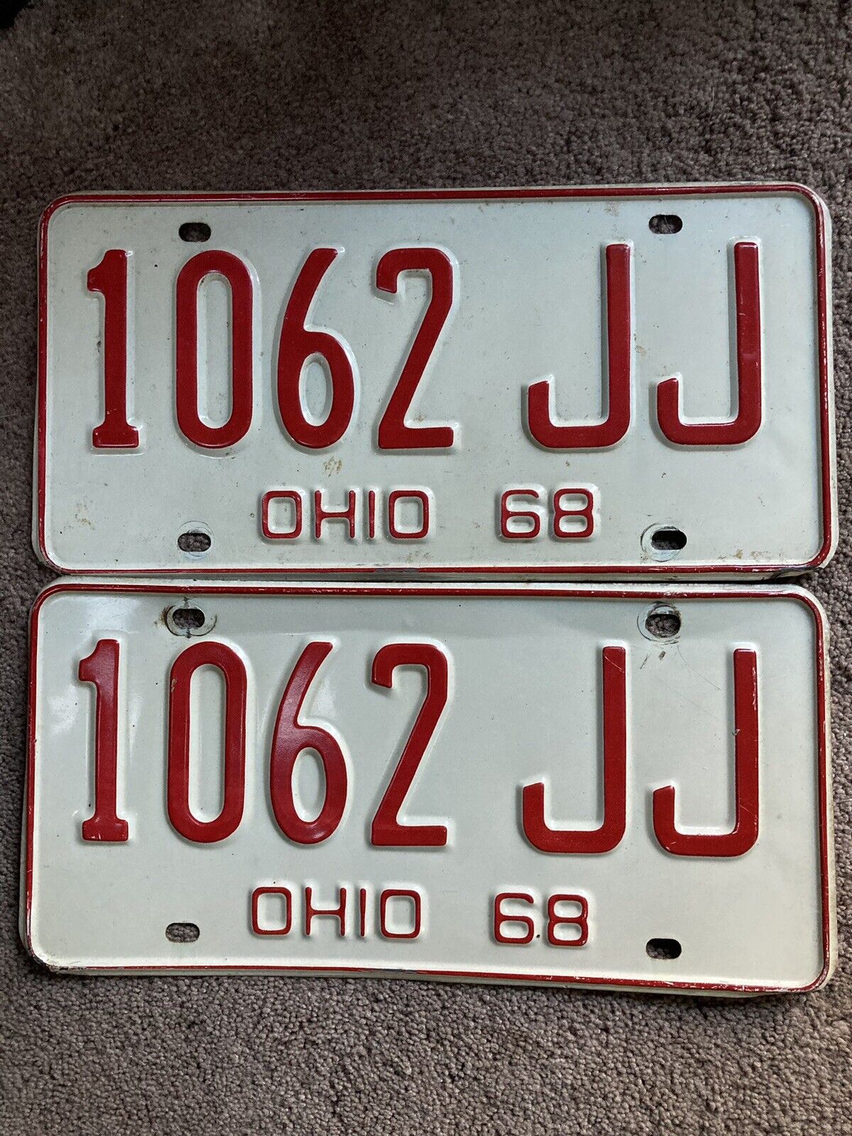 Pair of 1968 Ohio License Plates - 1062 JJ  - Very Nice