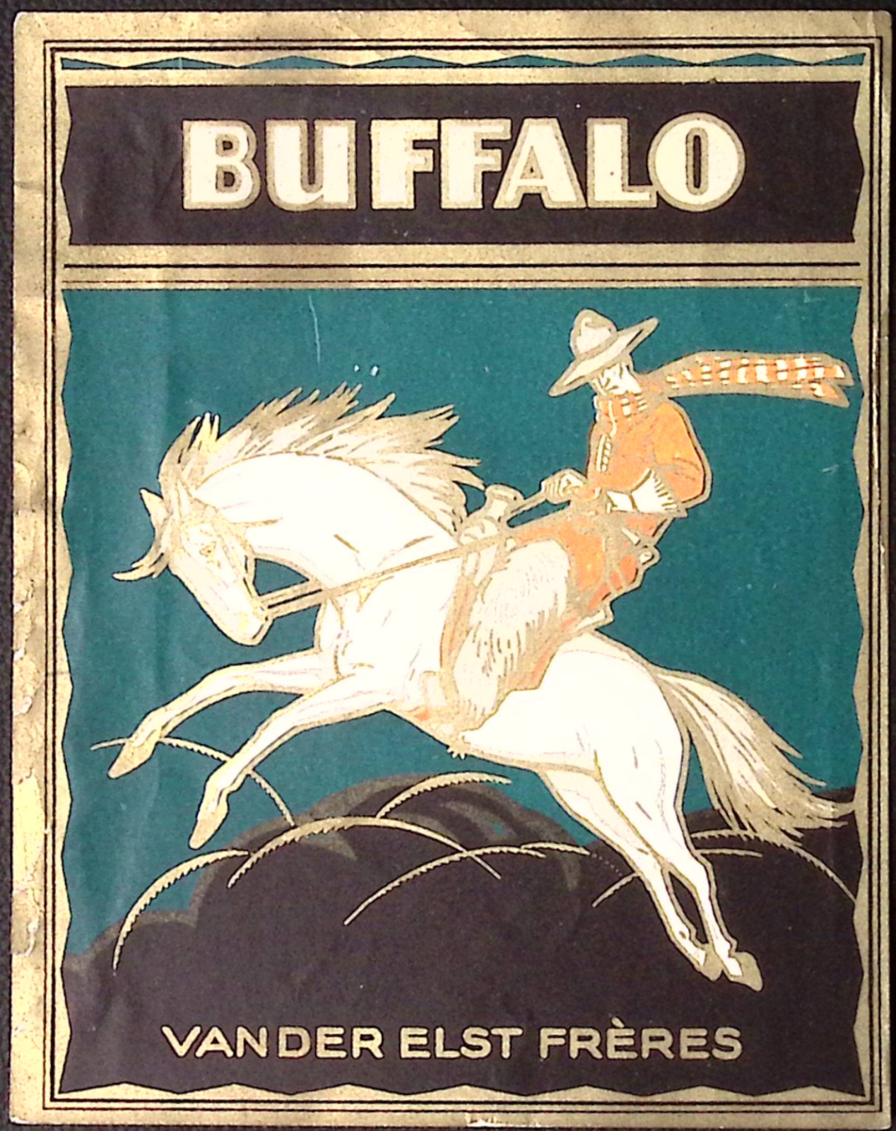 1920s BUFFALO Gilt Embossed Cigar Box Label FRENCH Cowboy Rides White Stallion