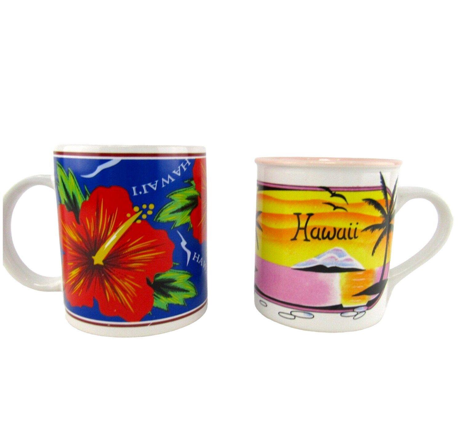 2 Hilo Hattie Hawaii Vintage Mugs 1996 Hibiscus Flower 1980s Palm Tree Coffee