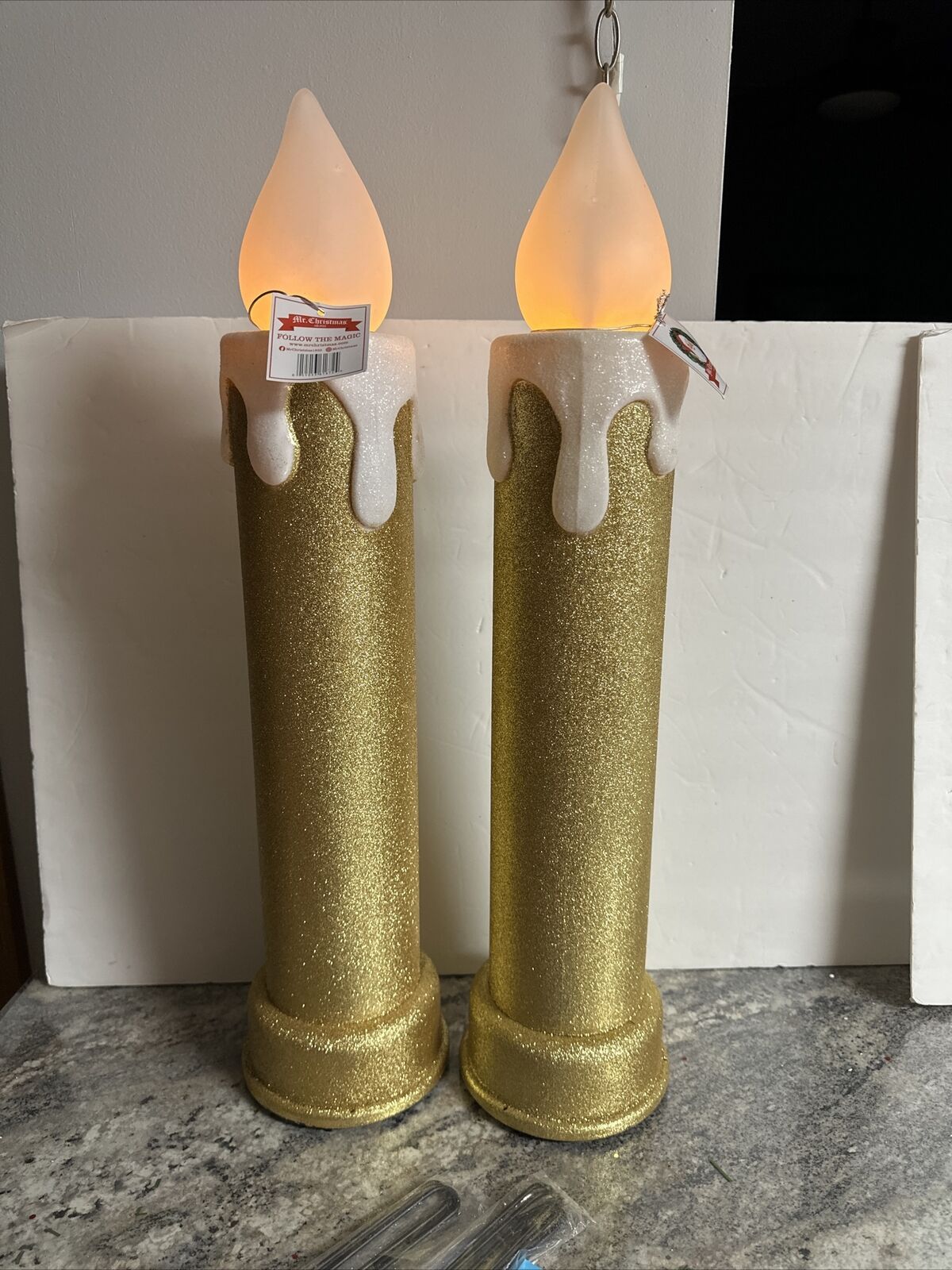 Set Of 2 Mr Christmas 24” Lighted Flickering Flame Gold  White Candle Blow Mold