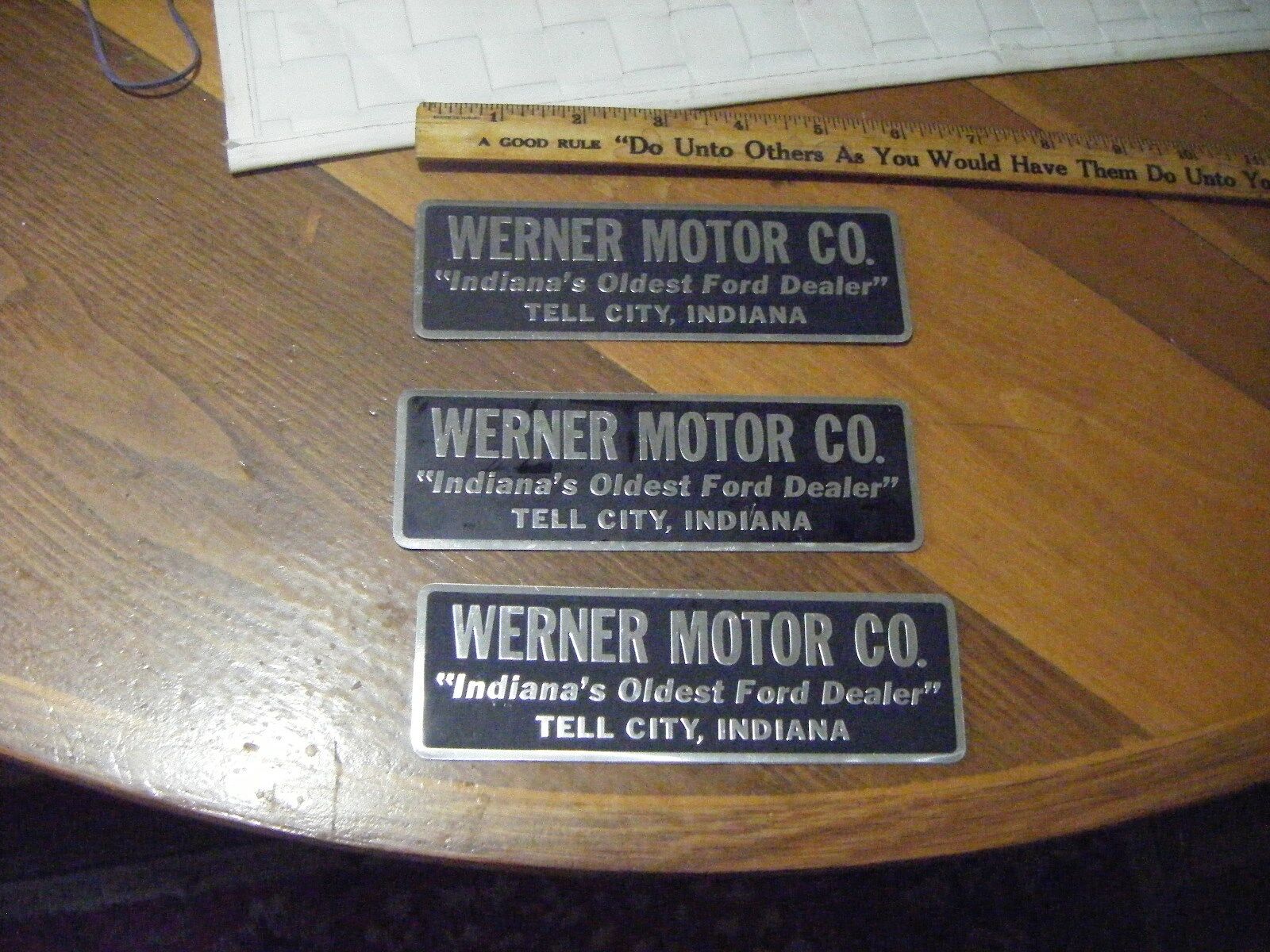 3 Vintage  NOS  Werner Motors CO, Indiana Oldest Ford Dealer  Metal  Tags