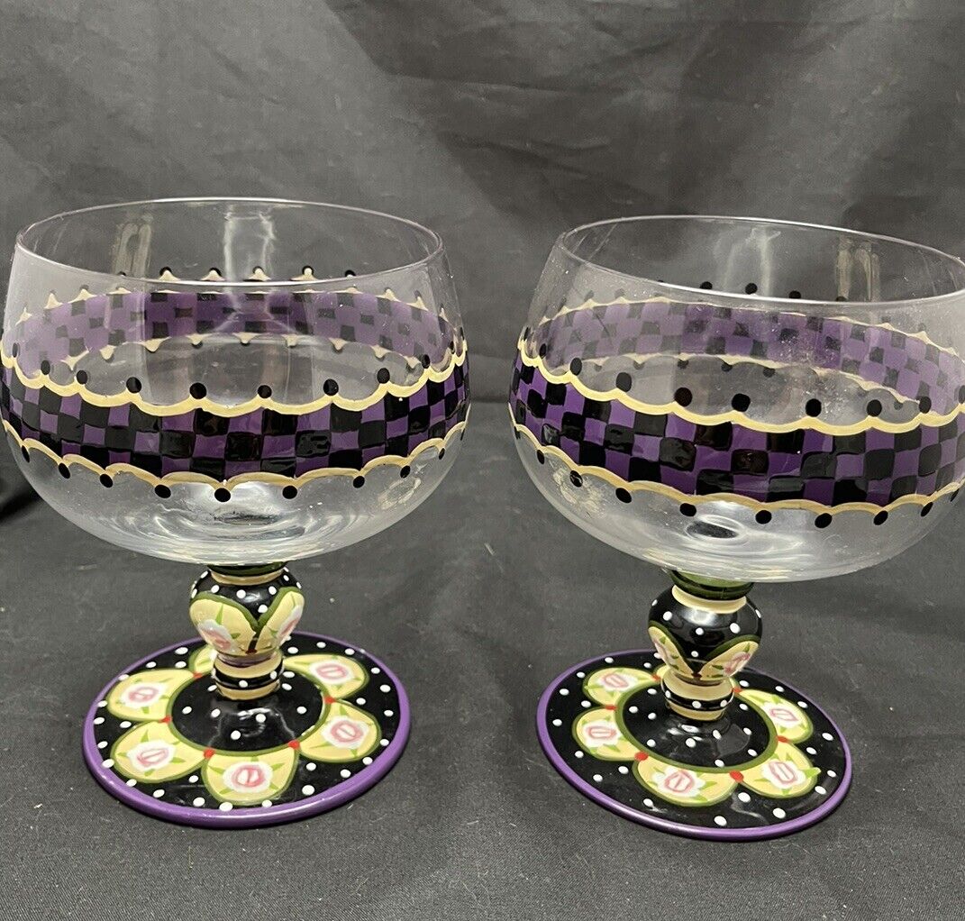 Mackenzie Childs 1990’s Checkerboard & cabbage Roses Handpainted Dessert Glasses