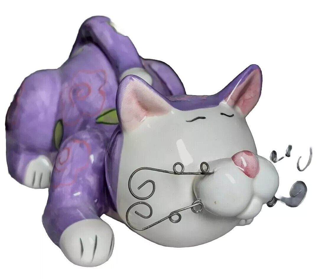 Vintage Ceramic Purple Kitty Cat Figurine with Wire Whiskers