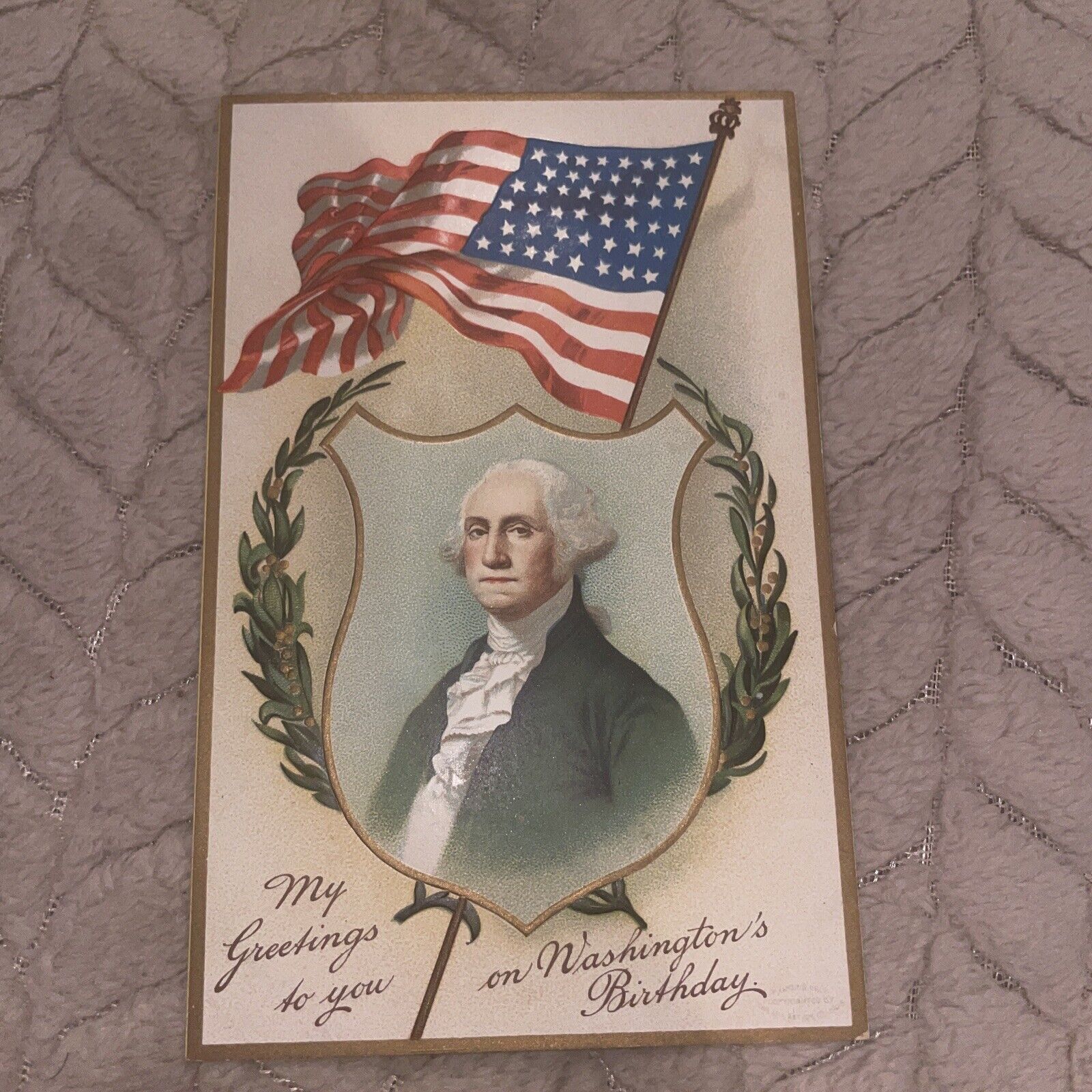 Antique Washington\'s Birthday Postcard. Portrait Of George And American Flag