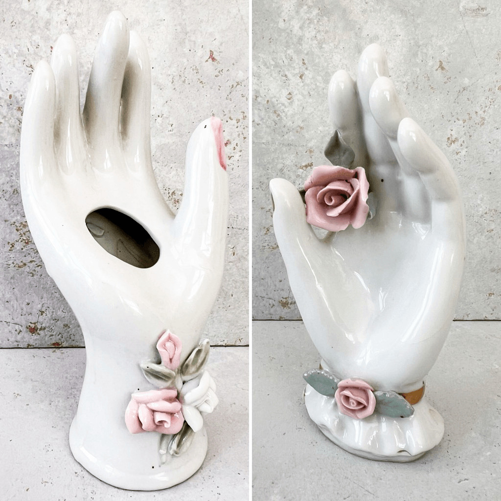 Vintage 70’s white floral porcelain hand vases figurine set of two