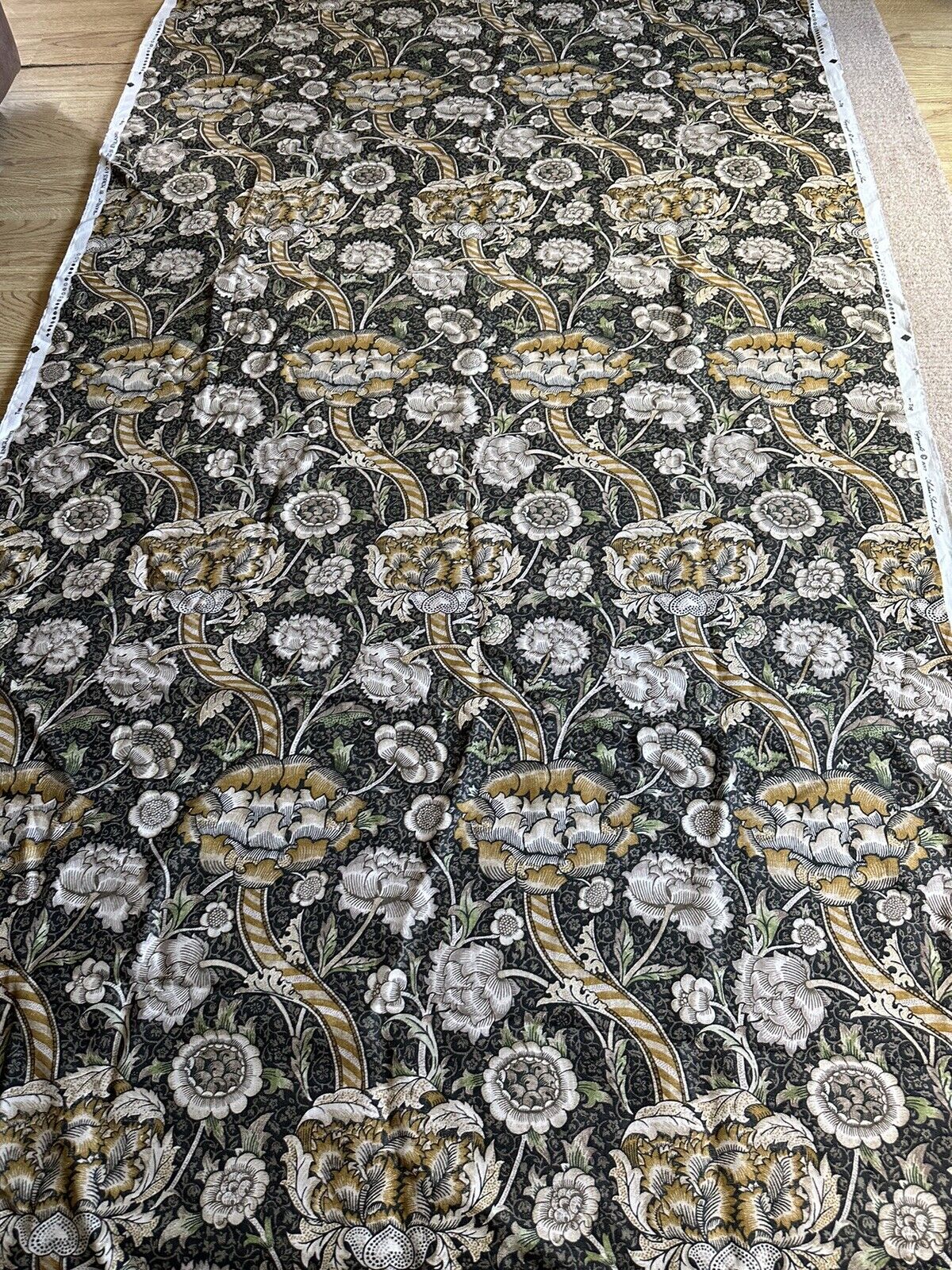 William Morris Wandle Linen Fabric In Charcoal/mustard