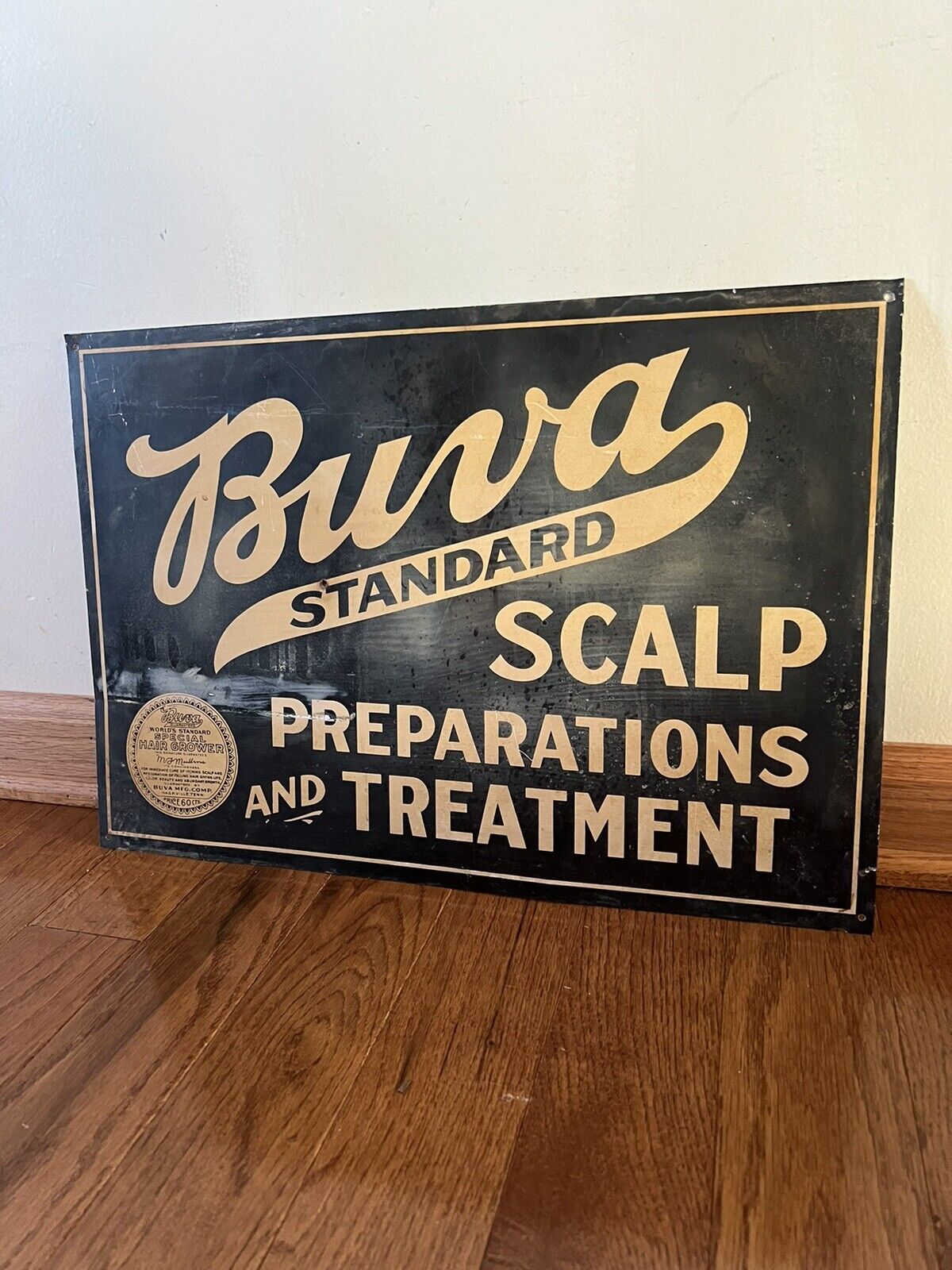 Early Buva Standard Scalp Preparations Hair Grower Barber Shop Sign Metal Rare