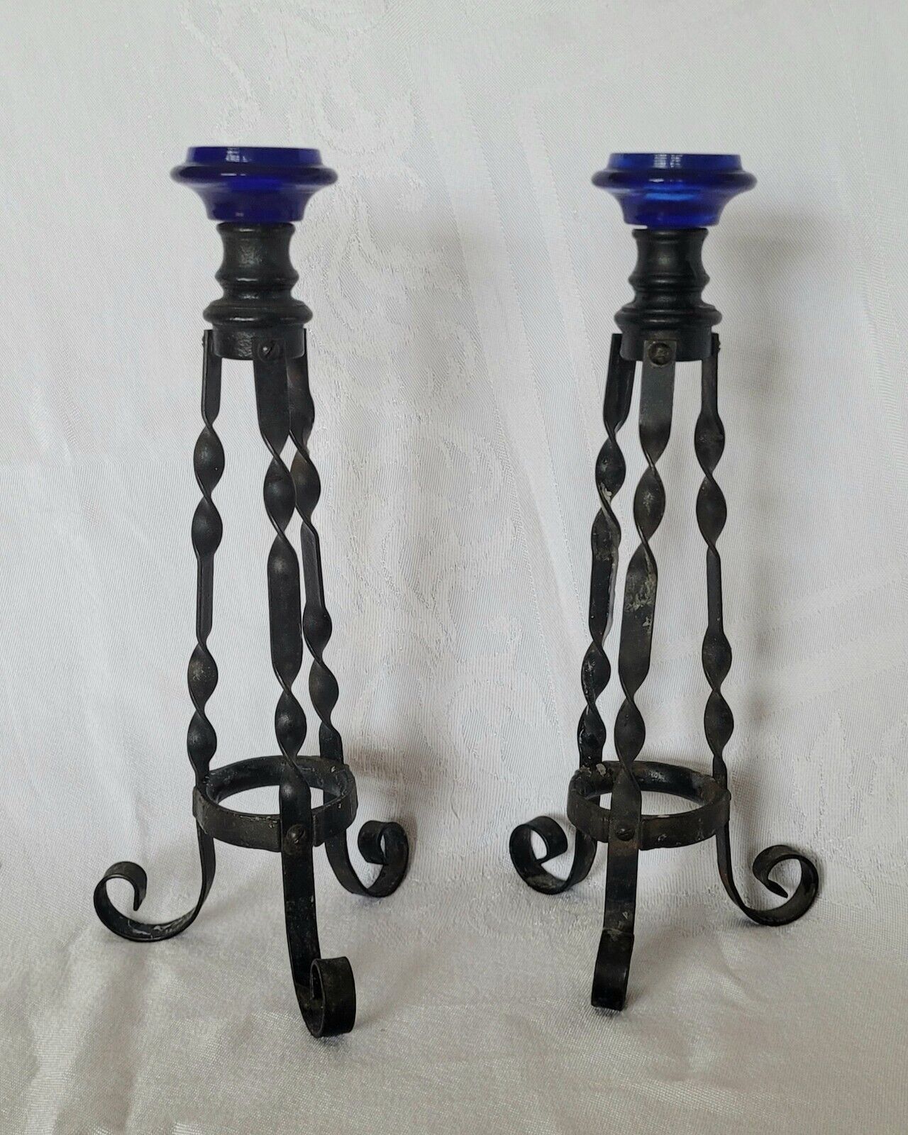 Antique Pair of Spanish Revival Twisted Iron & Cobalt Glass Candlesticks