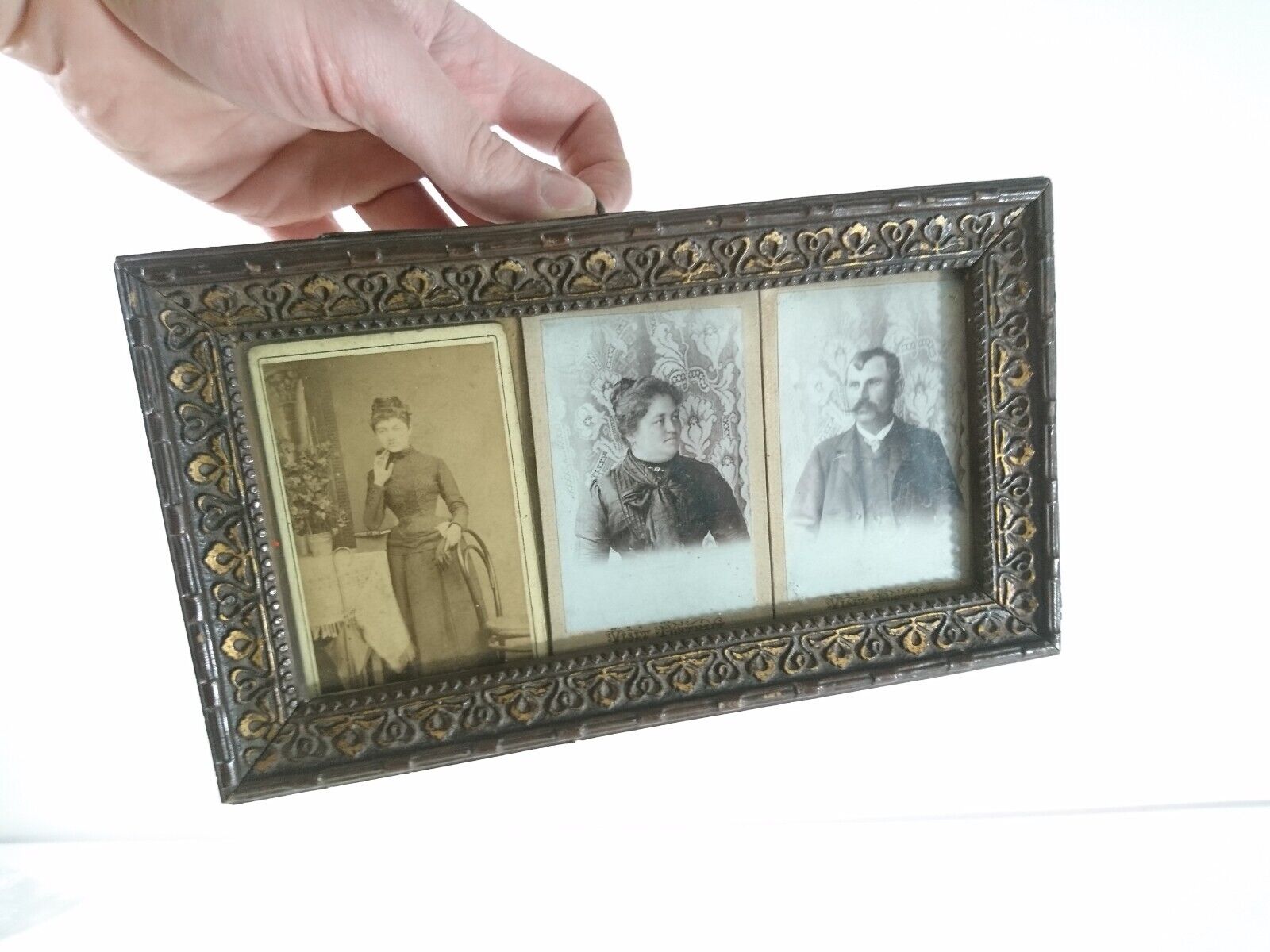 Antique Photo Frame With Ol Photos, Hand Carved Wood, Late 19th Century