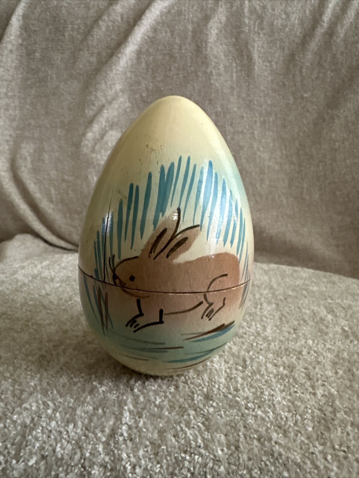 Vintage Hand Painted Egg Shaped Wooden Trinket Box Rabbit art 4 bunnies inside