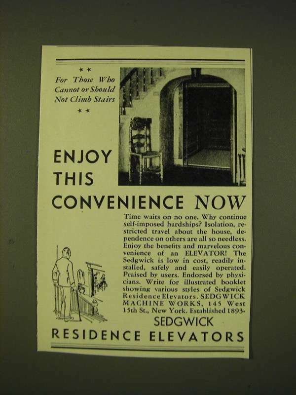 1933 Sedgwick Residence Elevators Ad - Enjoy this convenience now