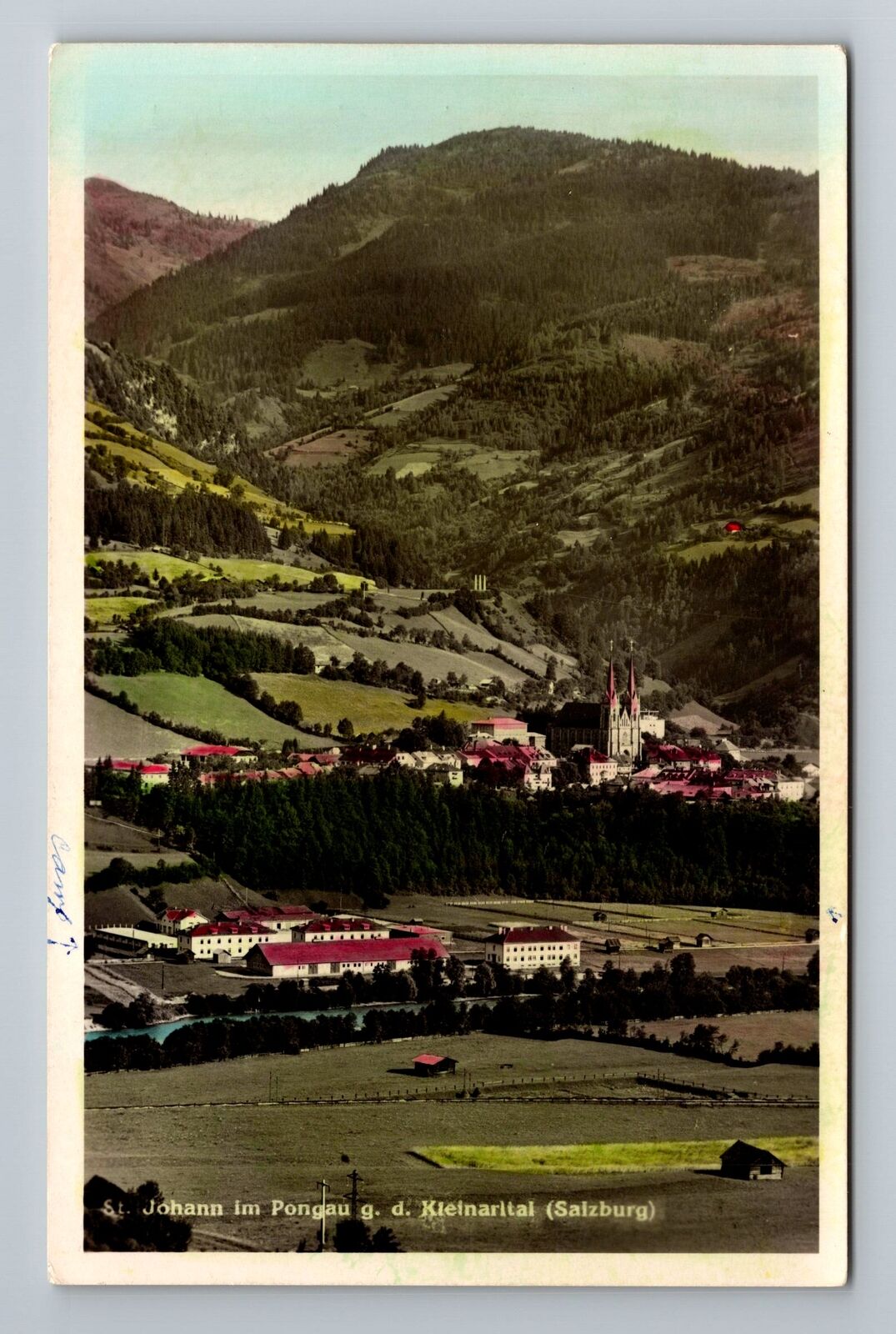 Germany-St. Johann, Aerial View, City, Mountain Background, Vintage Postcard