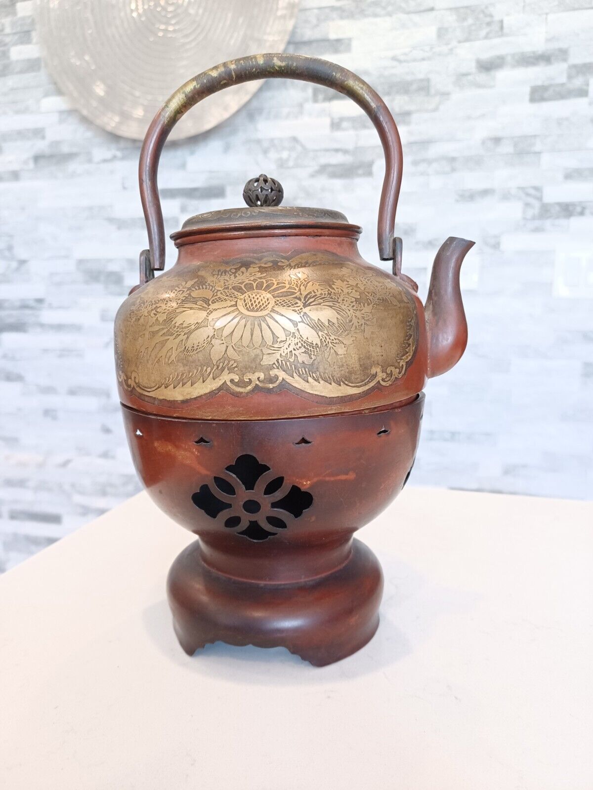 3 piece Ornate Victorian Brass Copper Tea Kettle without burner