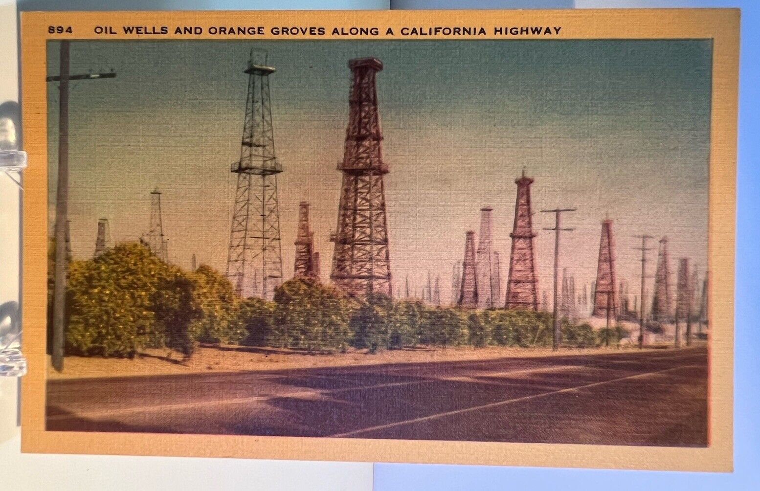 Postcard~Oil Wells and Orange Groves Along California Highway~Linen~Unposted