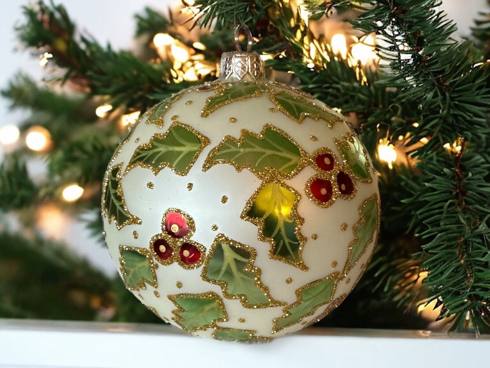 Holly and Red Berry Retired Ornament Hand Blown & Painted