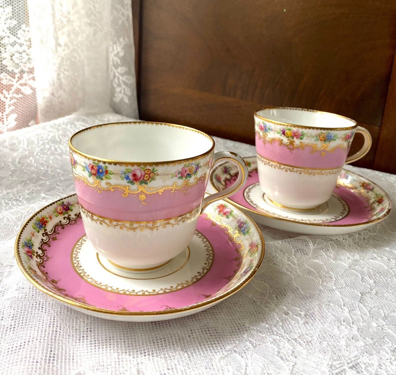Pair Of Antique Minton A3593 Hand Painted Floral Pink Cups and Saucers